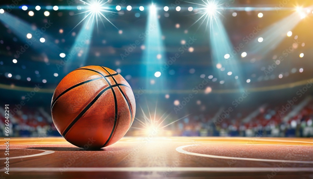 fictitious basketball arena with ball on court and copy space camera flashes and lens flare special lighting effect on defocused background