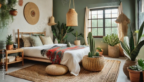 cozy asian bedroom with ethnic decor lamp on nightstand comfy bed carpet cactus in basket and natural green plant composition photo