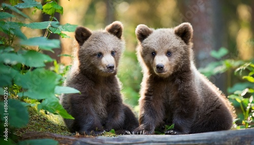 two young brown bear cub in the fores