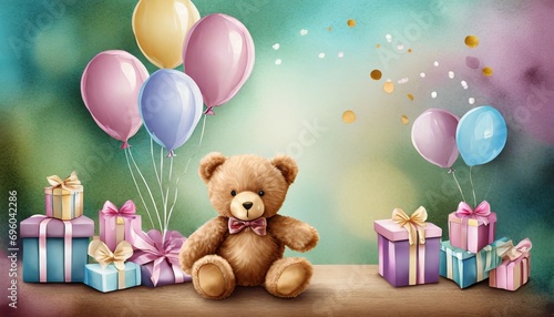 birthday invitation card background teddy bear gifts and balloons