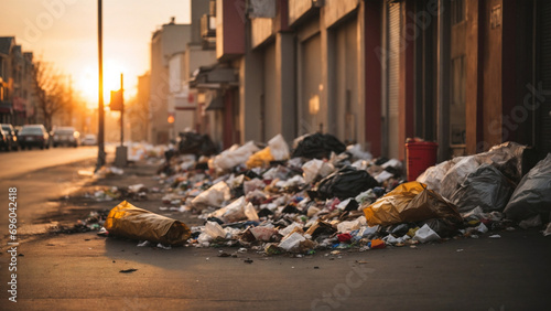 Trash with the sunset on the street