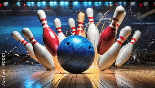 Photo bowling ball hitting pins strike picture