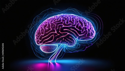 hi tech human brain made by neon glow is hovering on a black background