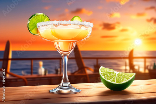 The margarita is a cocktail, tequila mixed with orange-flavoured liqueur and lime on beach resort at sunset, Illustartion, HD Photorealistic.
