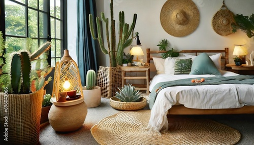 cozy asian bedroom with ethnic decor lamp on nightstand comfy bed carpet cactus in basket and natural green plant composition