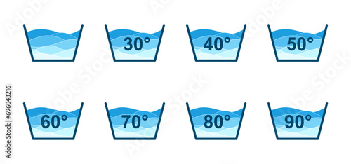 Machine wash temperature icons from 30 to 90 degrees celsius. Set of badges for Instruction to washing. Water temperatures signs for Laundry isolated on white background. Flat vector illustration