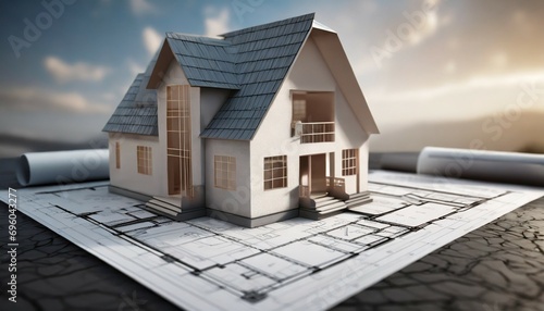 3d small house model on architecture floorplan created with generative ai photo