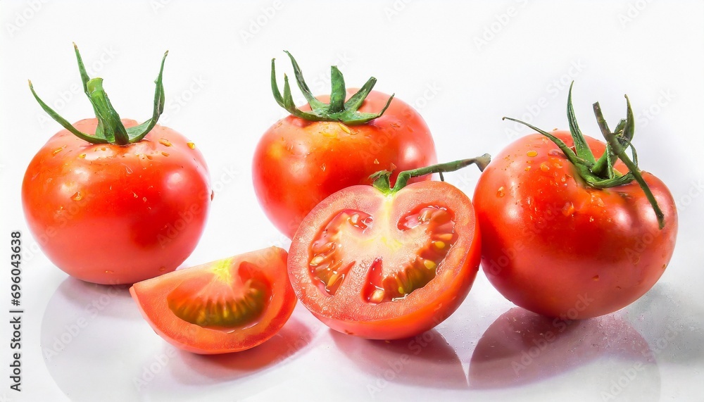 Fresh juicy red Tomato with cut in half isolated on white background. Clipping path.
Fresh juicy red Tomato with cut in half isolated on white background. Clipping path.