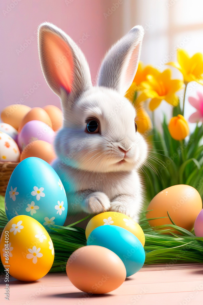 Easter holiday concept. Happy easter greeting card with bunny, colourful eggs and spring flowers. Easter holiday concept. Happy easter greeting card with bunny, colourful eggs and spring flowers.