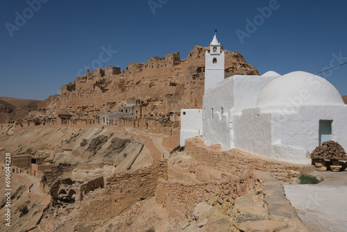 White Mosque at Chenini deserted hilltop old berbere town in Tunisia, Africa photo