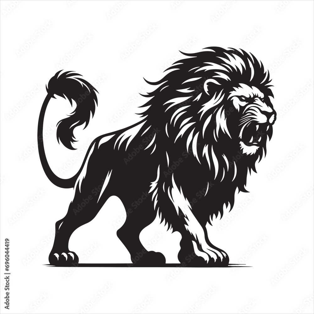 Fototapeta premium Lion Silhouette: Majestic King of the Jungle Roaring in the Moonlight Against a Serene Landscape - Minimallest lion black vector Silhouette 