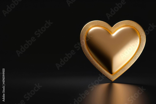 Valentine's day concept background with 3D gold heart on black background. Wedding invitation, gift packages cover template.