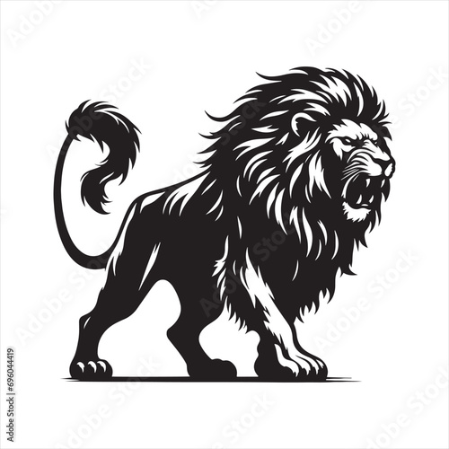 Lion Silhouette: Majestic King of the Jungle Roaring in the Moonlight Against a Serene Landscape - Minimallest lion black vector Silhouette
