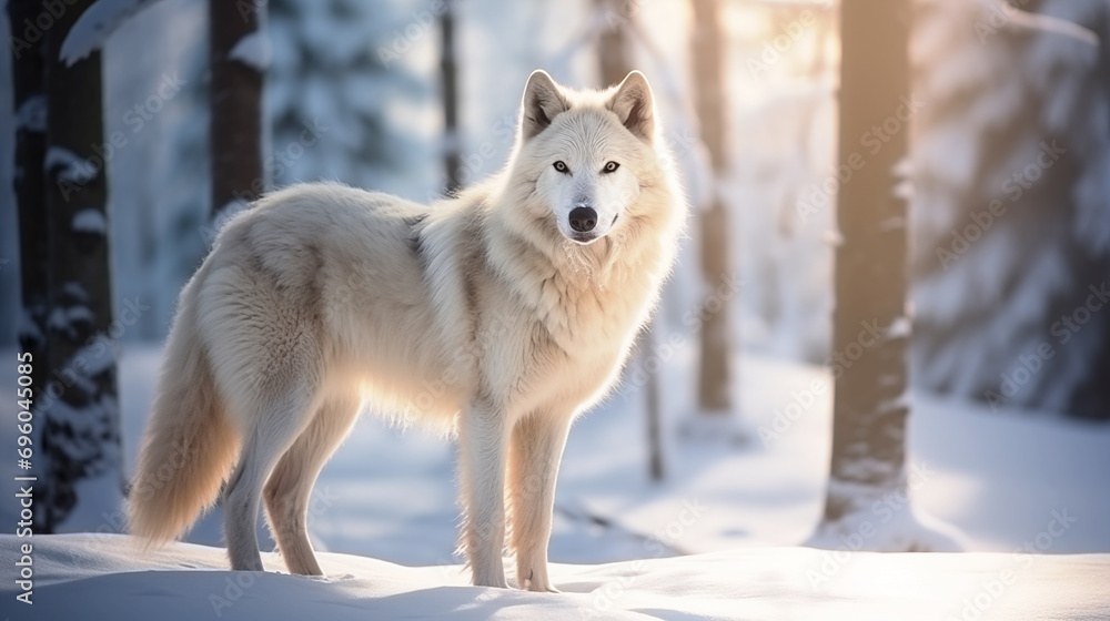 Obraz premium A white arctic wolf standing in the snow in a winter forest, the sun is shining on the fur