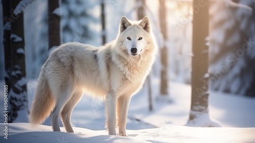 A white arctic wolf standing in the snow in a winter forest, the sun is shining on the fur photo
