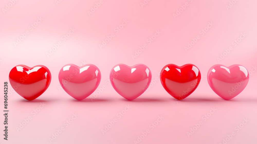 row of glossy hearts in shades of pink and red on pastel background
