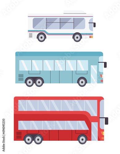 Different modern city buses. double-decker, shuttle and trip bus. Isolated vector illustrations in flat design