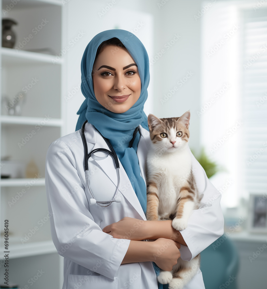 Arab female veterinarian holding a kitten in Veterinary clinic Arab female veterinarian holding a kitten in Veterinary clinic