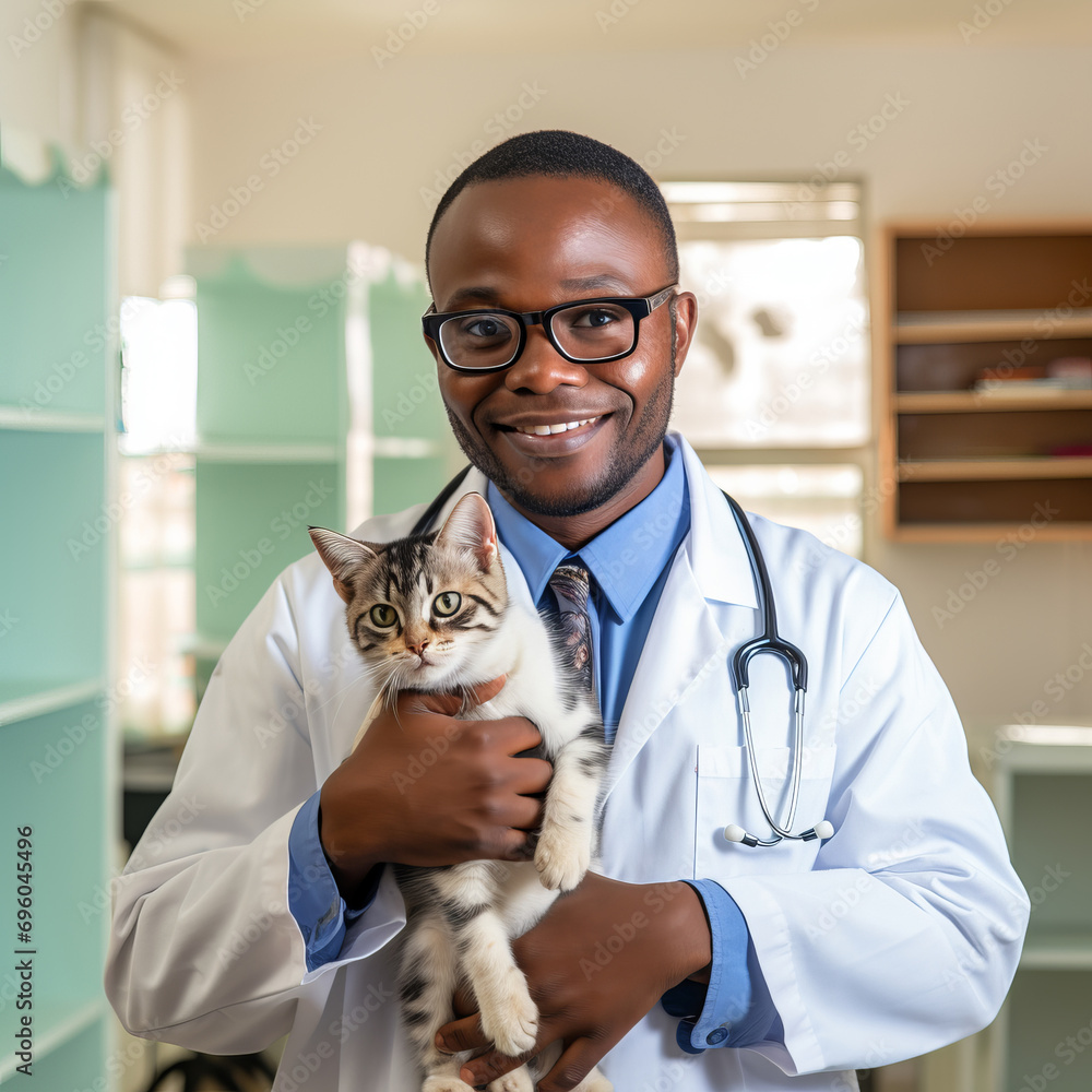 African american Veterinarian holding a cat in the Veterinary clinic African american Veterinarian holding a cat in the Veterinary clinic