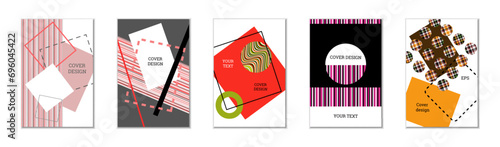 Geometric cover design, set of 5 covers. Abstract unusual background in Memphis style. Bright geometric shapes in random order