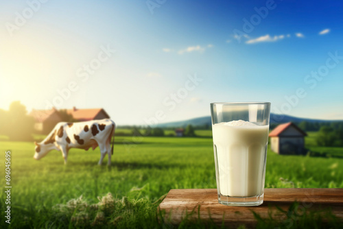 Fresh milk with foam on a wooden table, rural background with green field, blue sky and cow