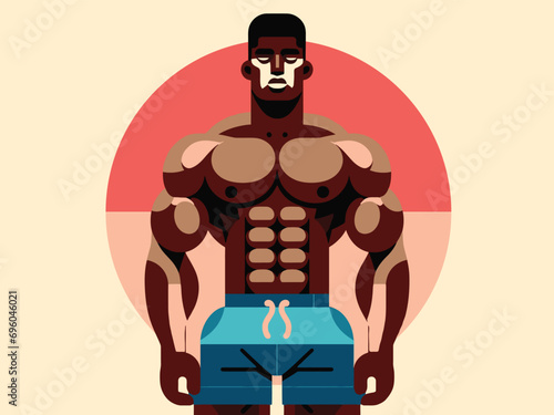Black African Diverse Guy, Muscular with Six Abs, In Style Of Illustration And Vector Art, Bohemian, Modern, Folk, Style	
