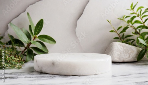 Minimal white marble platform for presentation product with plant and rock stone background