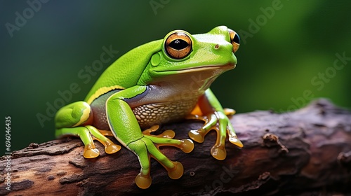 Close-up of a flying frog's face on a branch.