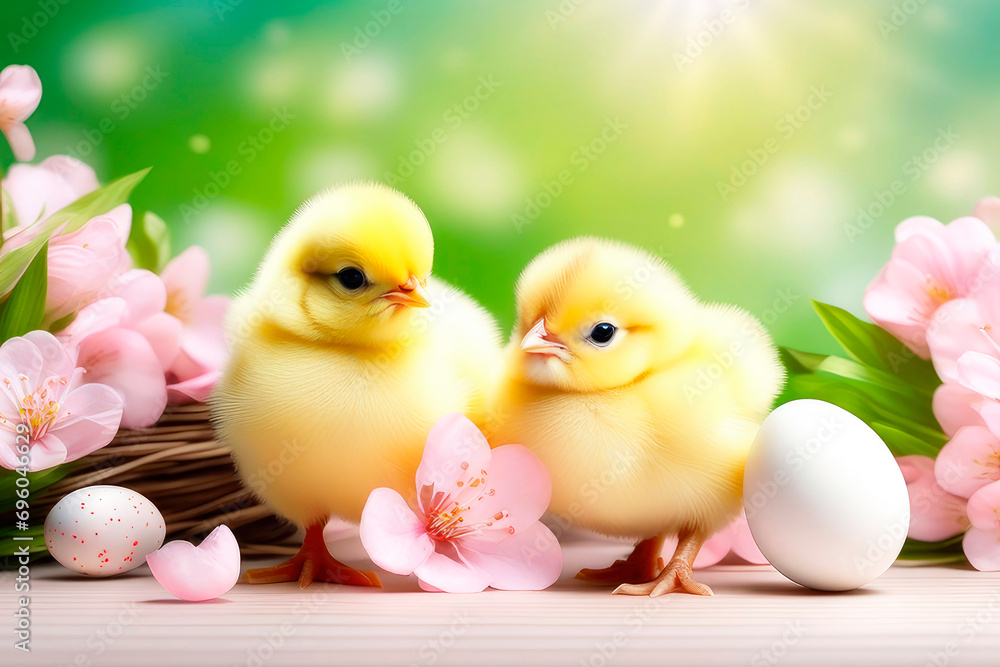 Easter holiday concept, composition with a small yellow chicks and eggs on a cherry blossoms background.