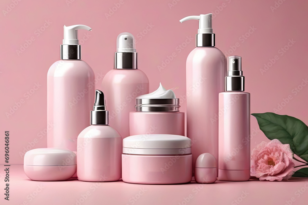 cosmetic mockup set on pink background. Perfect for showcasing beauty products in style. cosmetic mockup set on pink background. Perfect for showcasing beauty products in style.