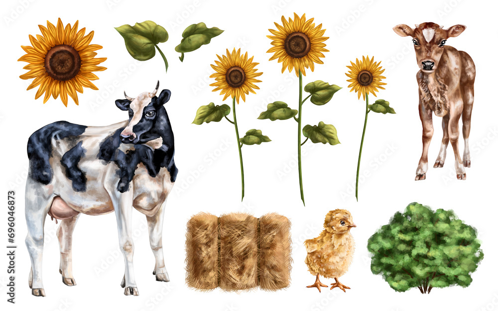 A set of farm cows among haystacks and sunflowers. Farm animals ...