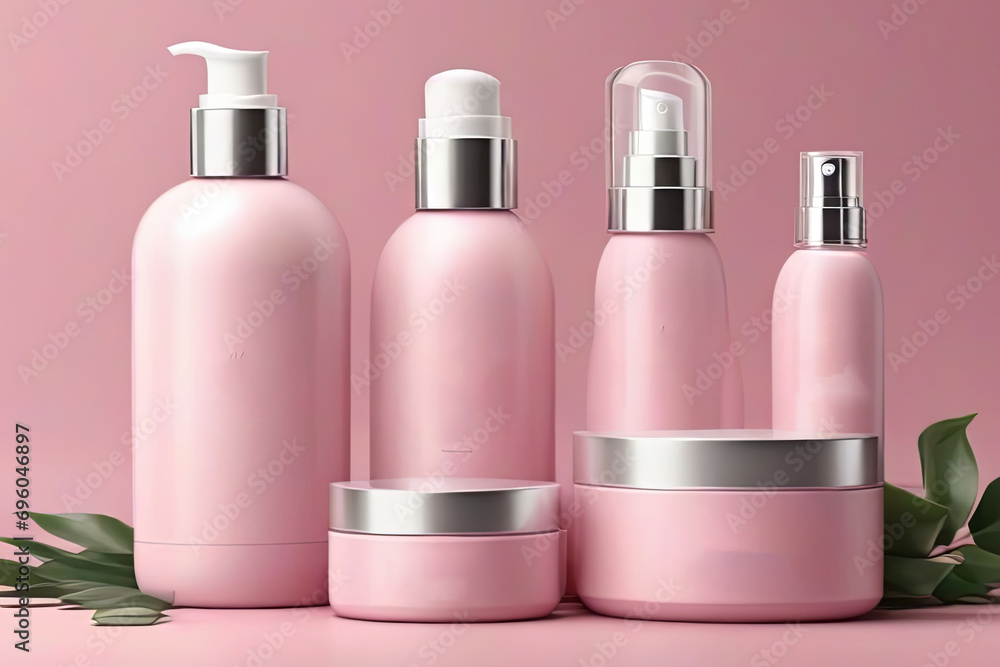 cosmetic mockup set on pink background. Perfect for showcasing beauty products in style. cosmetic mockup set on pink background. Perfect for showcasing beauty products in style.