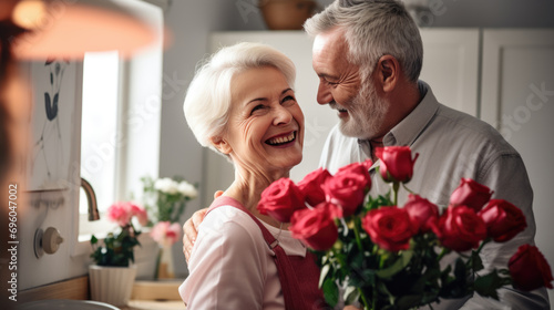 Elderly couple in a kitchen, with the man hugging the woman from behind, both smiling joyfully, as the woman holds a bouquet of roses. © MP Studio