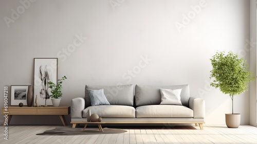 In the white interior of a living room, a gray sofa is complemented by copy space and 3d rendering. © Elchin Abilov