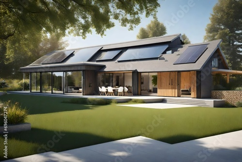 Envision a modern suburban house, elegantly designed with eco-friendly features, including a photovoltaic system seamlessly integrated into the gable roof, reflecting a commitment to sustainable  © Abbas