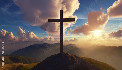 cruz no topo da montanha, bela paisagem, religião photo