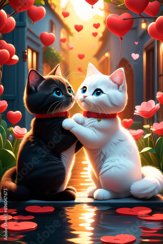 Cute fluffy cats with hearts. Valentine's day concept.