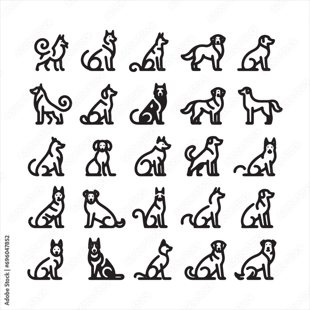 Dog Icons: Whimsical Illustrations of Man's Best Friend, Capturing the Heartwarming Spirit of Dogs - Minimallest black vector set of icons of dog
