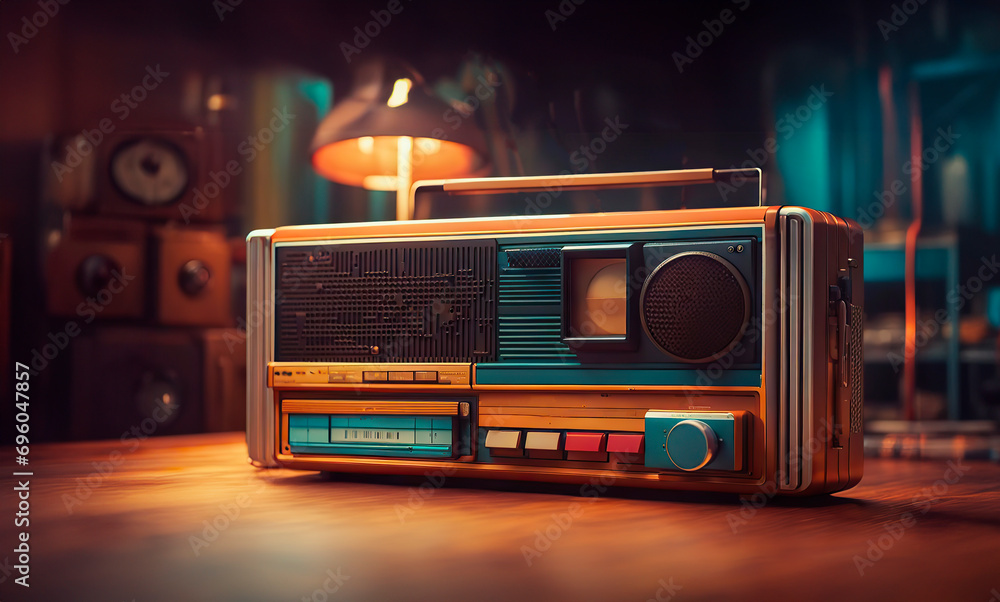 Fototapeta premium Retro cassette recorder in a room with 80s interior. Vintage photo in old style