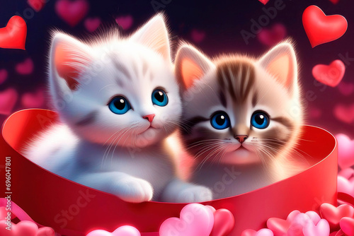 Cute kittens with heart on a pink background.
