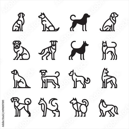 Dog Icons: Simple and Elegant Vector Representations of Dogs in Various Poses and Expressions - Minimallest black vector set of icons of dog
