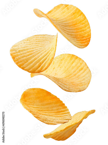 Flying delicious potato chips cut out