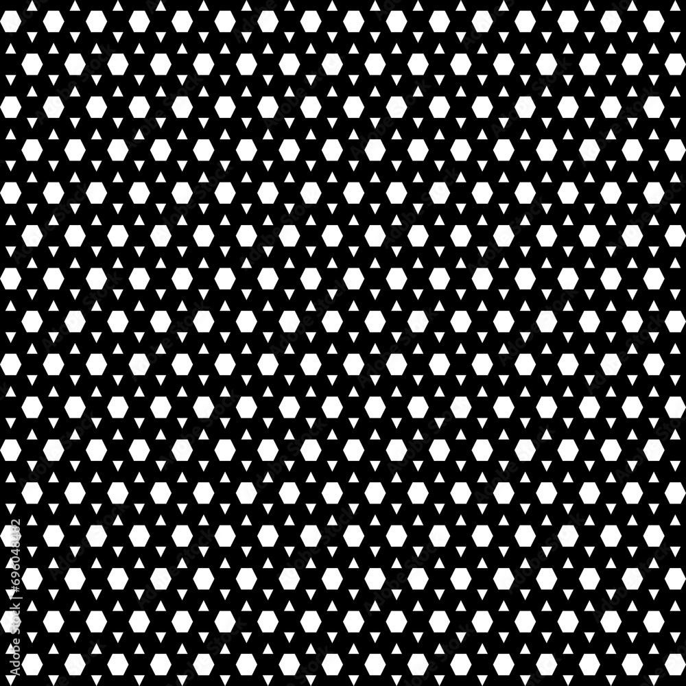 Seamless pattern. Triangles, hexagons ornament. Mosaic. Grid background. Ethnic tiles motif. Geometric grate wallpaper. Geometry backdrop. Digital paper. Web design. Textile print. Vector art.