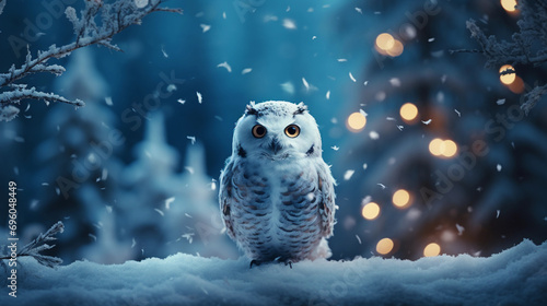 Magic owl in the middle of the winter forest