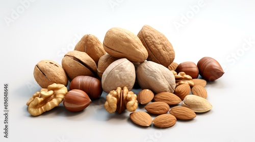 Walnuts, hazelnuts, almonds and pecans on white background