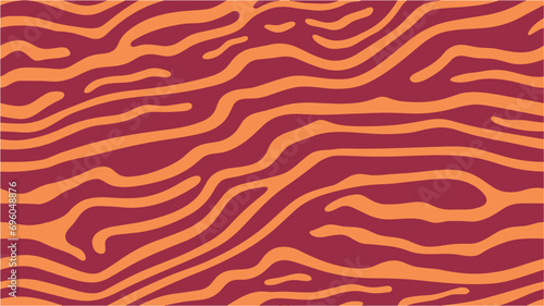 Vector orange color wavy stripes background, wallpaper. Flat design vector-style image of tiger skin pattern. Hand drawn waves. Hand drawn abstract lines. Vector animal print. Seamless.