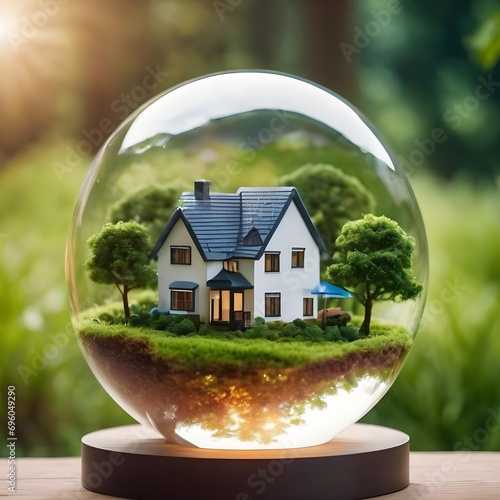 A transparent glass ball with a house inside and trees inside as symbol of green energy. World Earth Day, Environmental Day and Water Day concept for banner