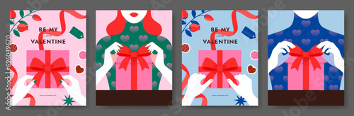 Valentine's Day background. Valentine present concept banner first person top view. Hands unpacking box, Decorative red bow. Social media, Poster. Gift giving. Modern style. Flat vector illustration.