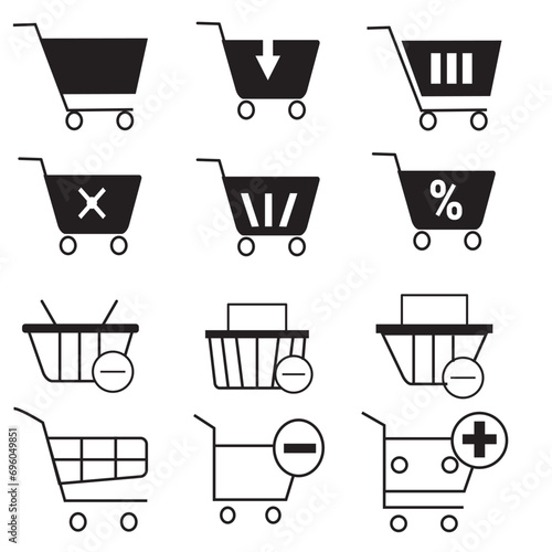 Set 12 icons of shopping baskets and carts Collection of icons for the store such as carts and shopping baskets. set for web and UIUX design.