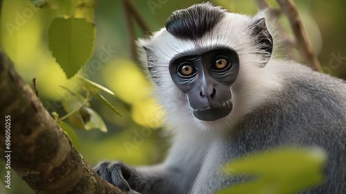 The drill monkey mandrillus leucophaeus is taking a break in its natural habitat. © Elchin Abilov